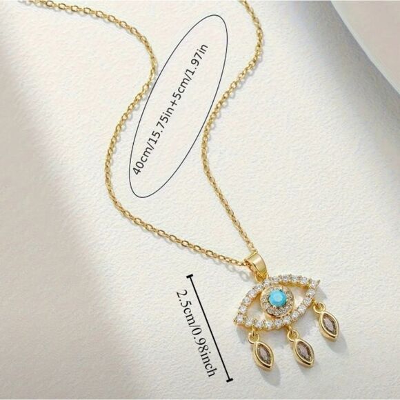 Boho Chic Diamond Eye Pendant Necklace 18K Gold Plated - Picture 2 of 2